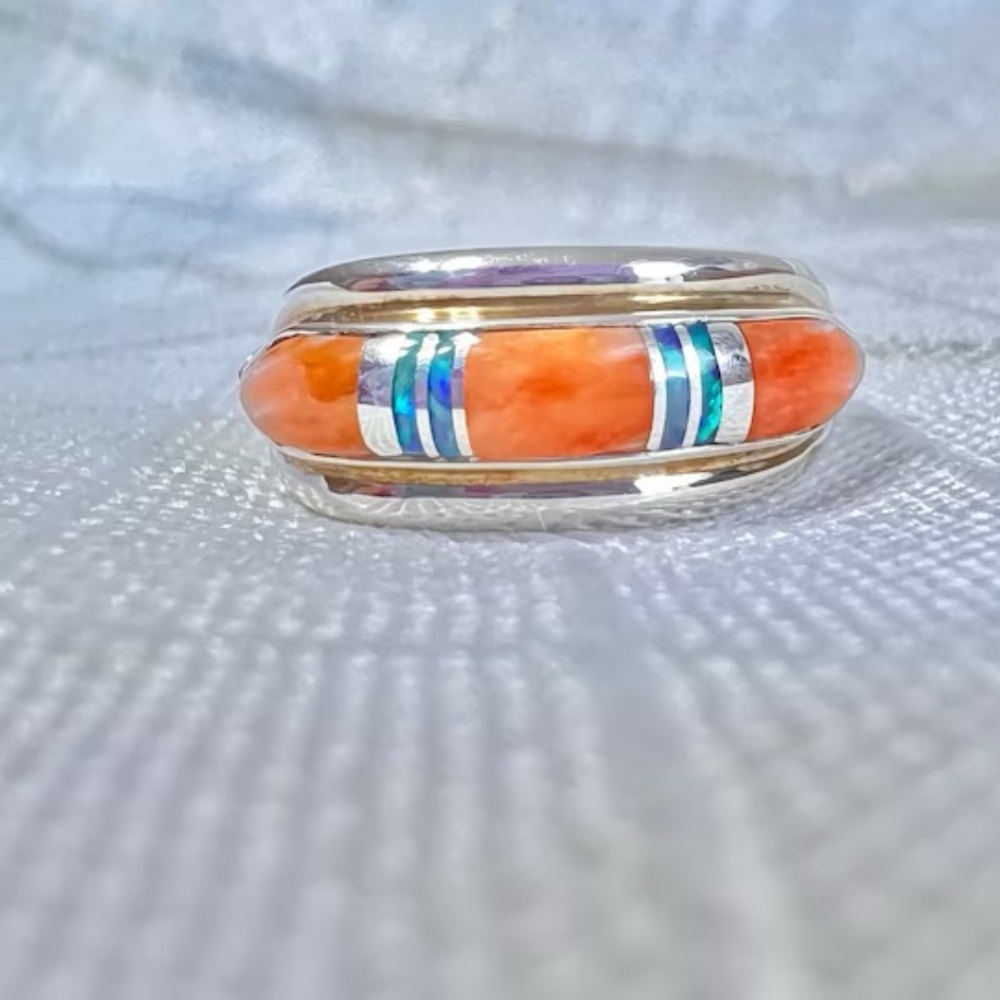Spiny Oyster and Opal sterling silver signed native Navajo ring